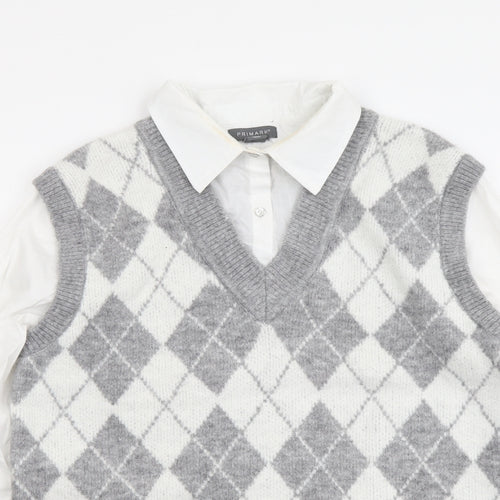 Primark Womens Grey Collared Argyle/Diamond Acrylic Pullover Jumper Size S