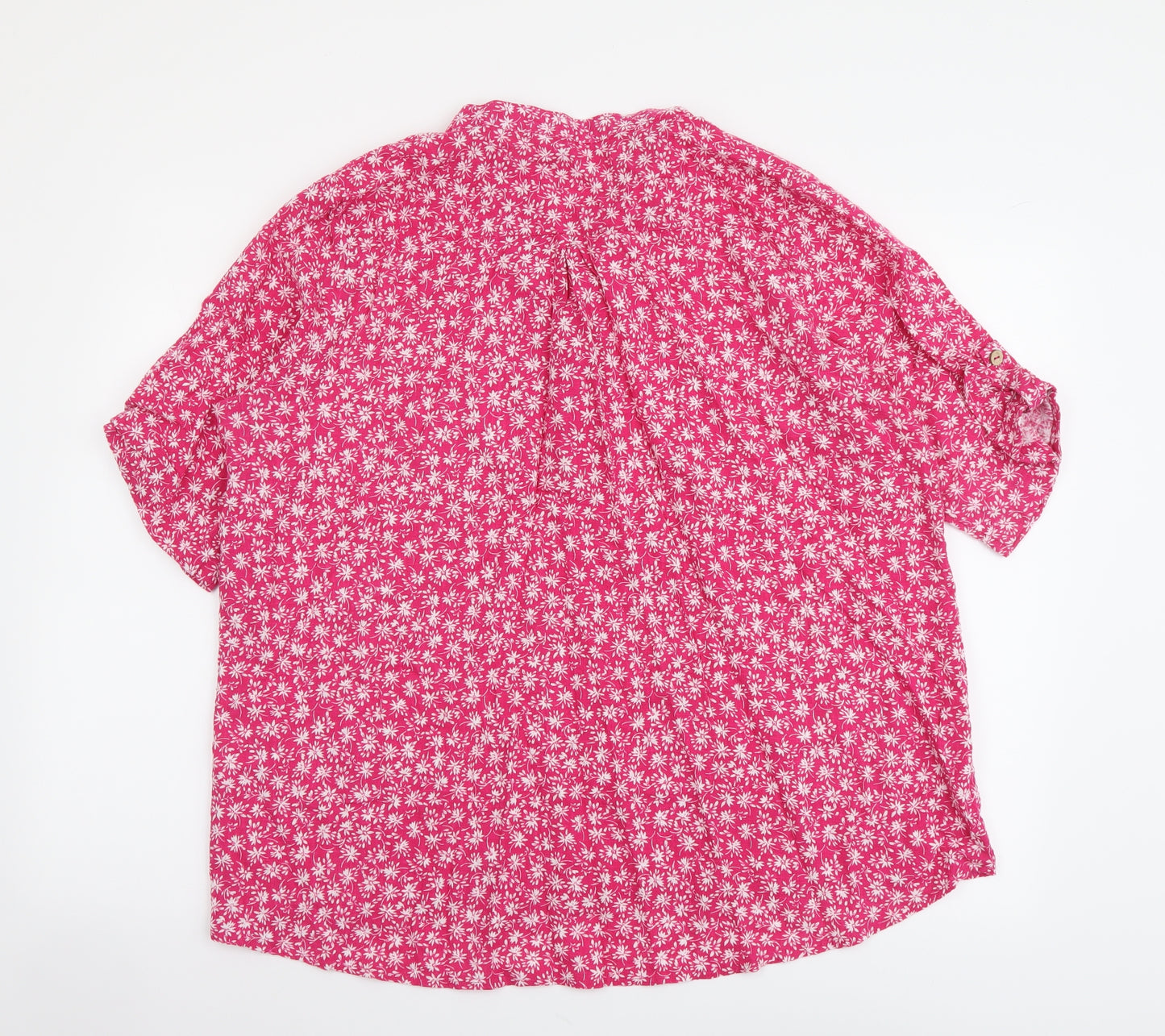 Classic Womens Pink Floral Cotton Basic Blouse Size 16 V-Neck