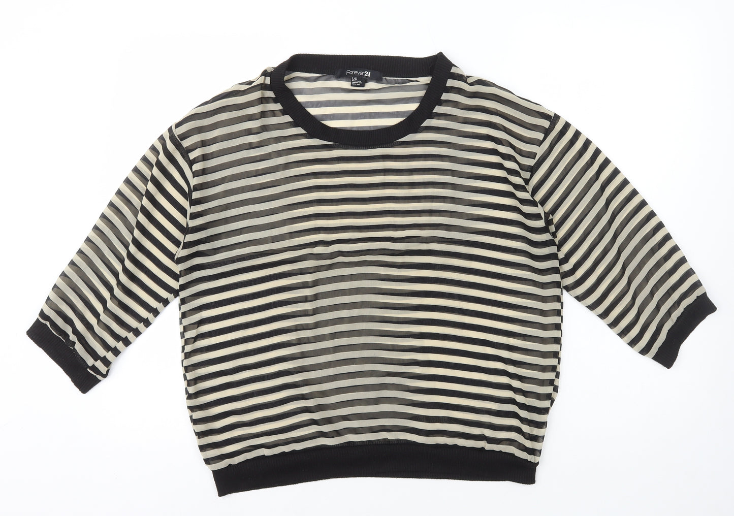 FOREVER 21 Womens Beige Striped Polyester Basic T-Shirt Size L Round Neck