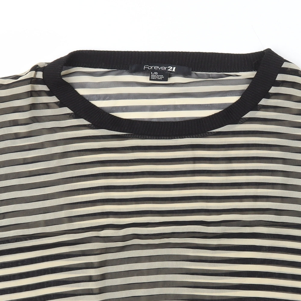 FOREVER 21 Womens Beige Striped Polyester Basic T-Shirt Size L Round Neck