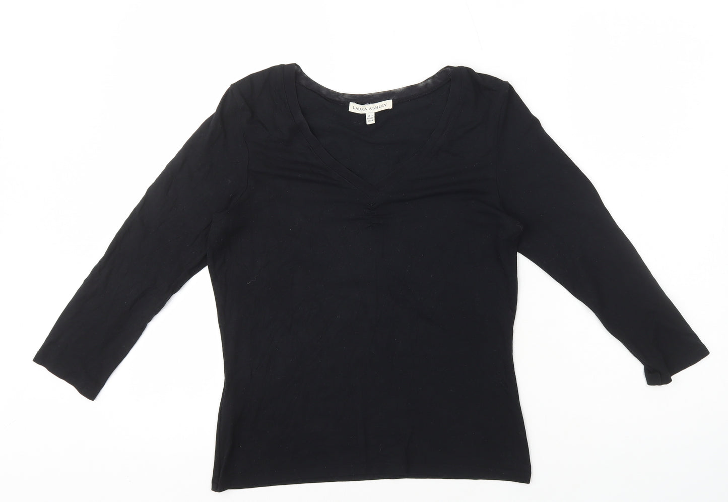 Laura Ashley` Womens Black Viscose Basic T-Shirt Size 12 V-Neck - Mesh Neck Trim