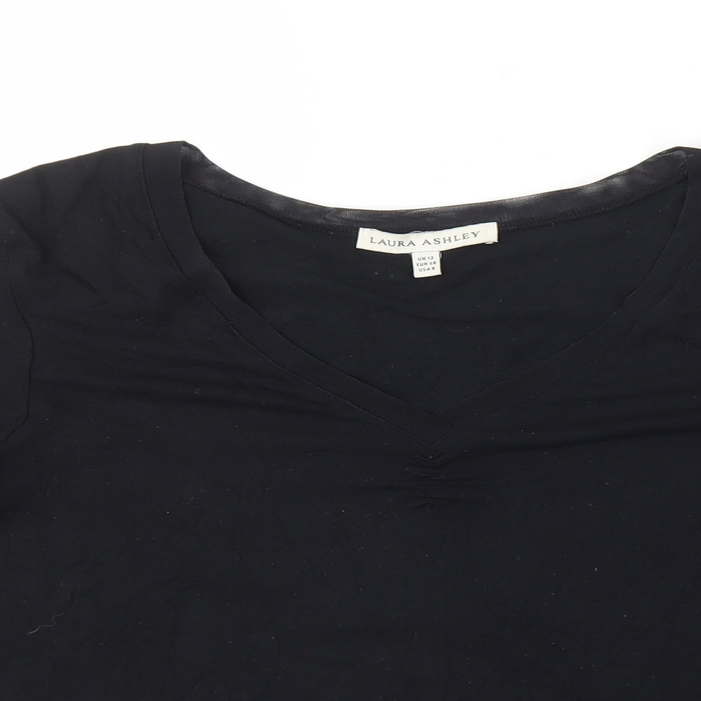 Laura Ashley` Womens Black Viscose Basic T-Shirt Size 12 V-Neck - Mesh Neck Trim
