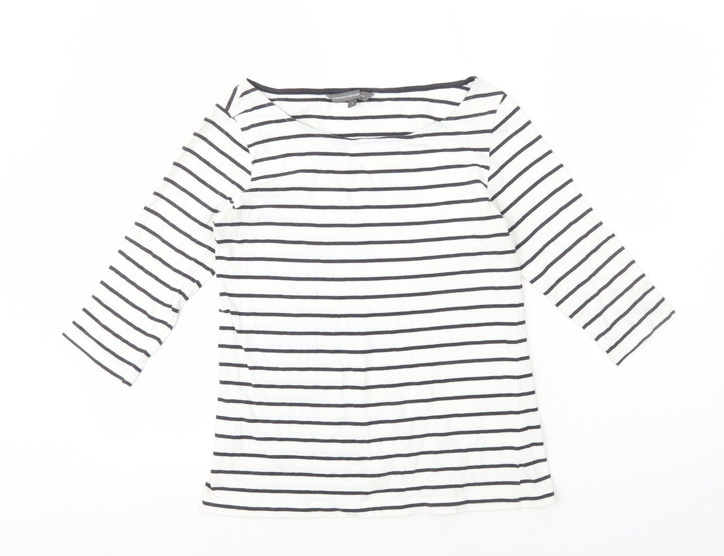 French Connection Womens White Striped Polyester Basic T-Shirt Size S Boat Neck