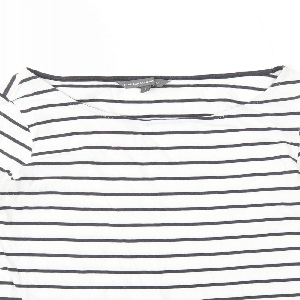 French Connection Womens White Striped Polyester Basic T-Shirt Size S Boat Neck