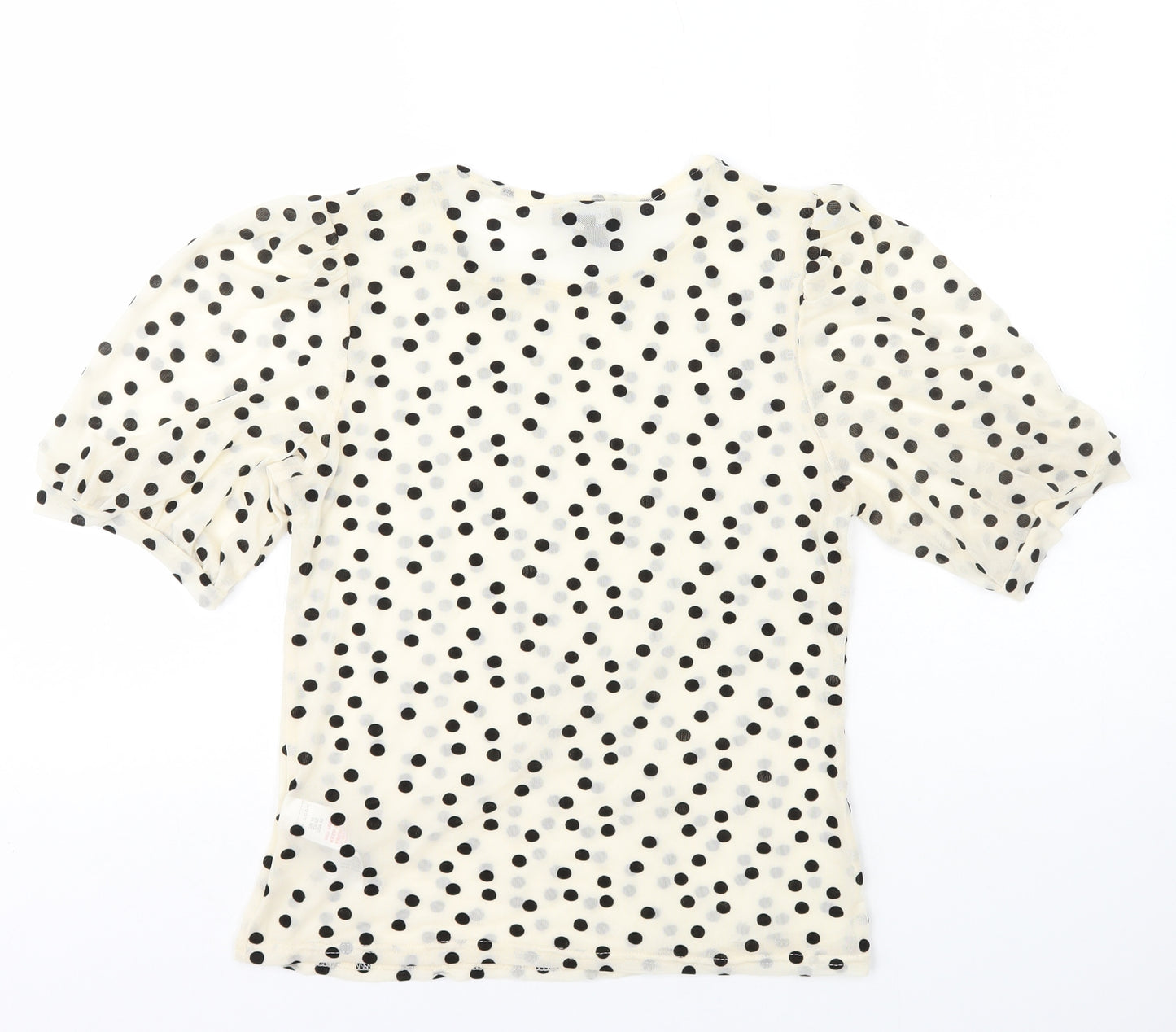 New Look Womens Ivory Polka Dot Nylon Basic T-Shirt Size 14 Round Neck - Velour Detail