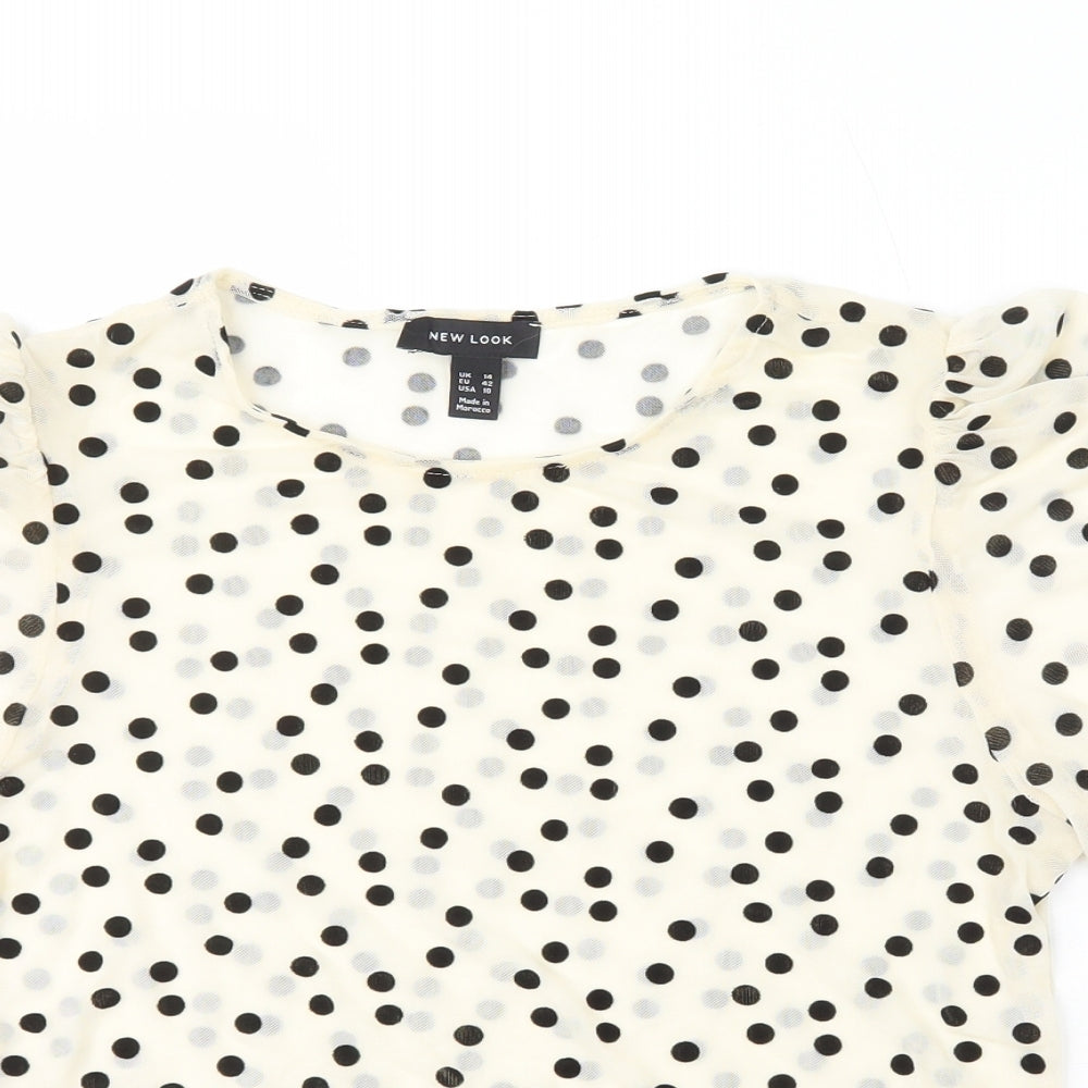 New Look Womens Ivory Polka Dot Nylon Basic T-Shirt Size 14 Round Neck - Velour Detail