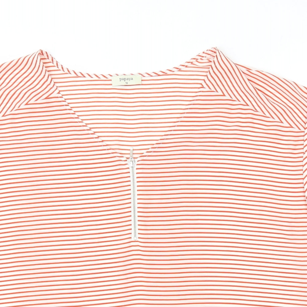 Papaya Womens Red Striped Polyester Basic T-Shirt Size 18 V-Neck - Zip Detail