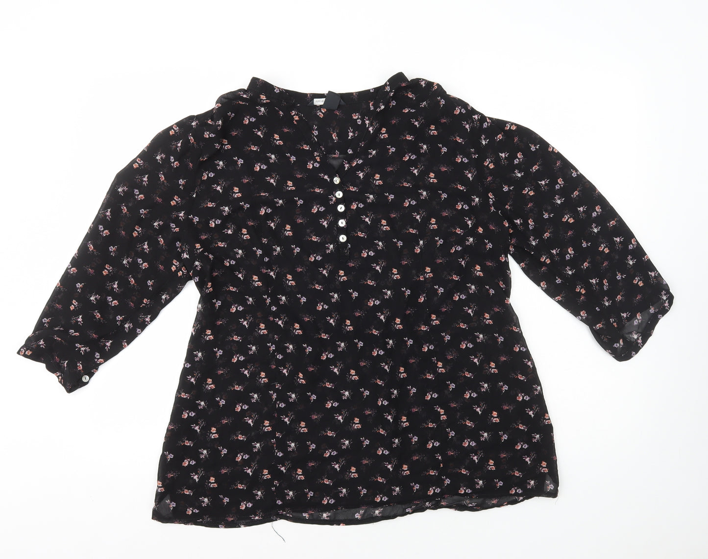 H&M Womens Black Floral Polyester Basic Blouse Size L V-Neck - Button Front Detail