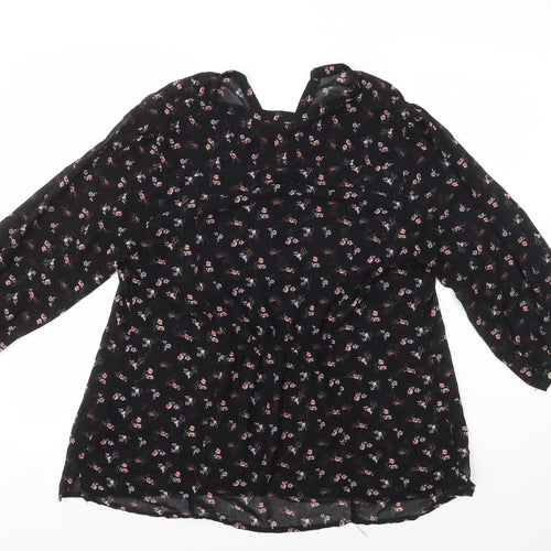 H&M Womens Black Floral Polyester Basic Blouse Size L V-Neck - Button Front Detail
