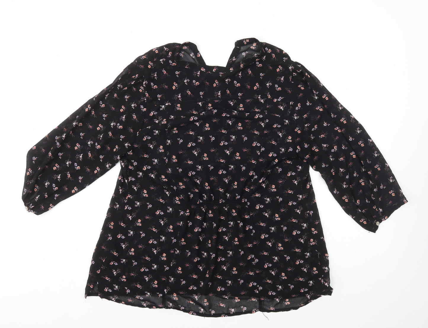 H&M Womens Black Floral Polyester Basic Blouse Size L V-Neck - Button Front Detail