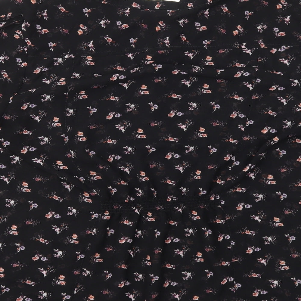 H&M Womens Black Floral Polyester Basic Blouse Size L V-Neck - Button Front Detail