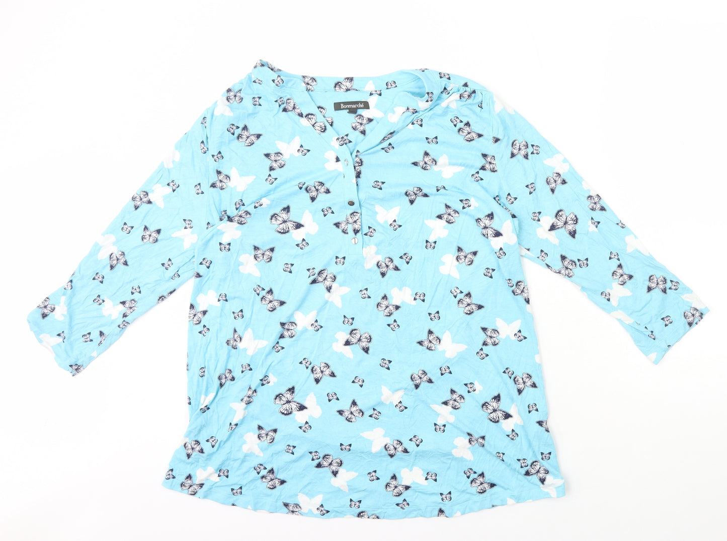 Bonmarché Womens Blue Geometric Viscose Basic T-Shirt Size 18 V-Neck - Butterflies