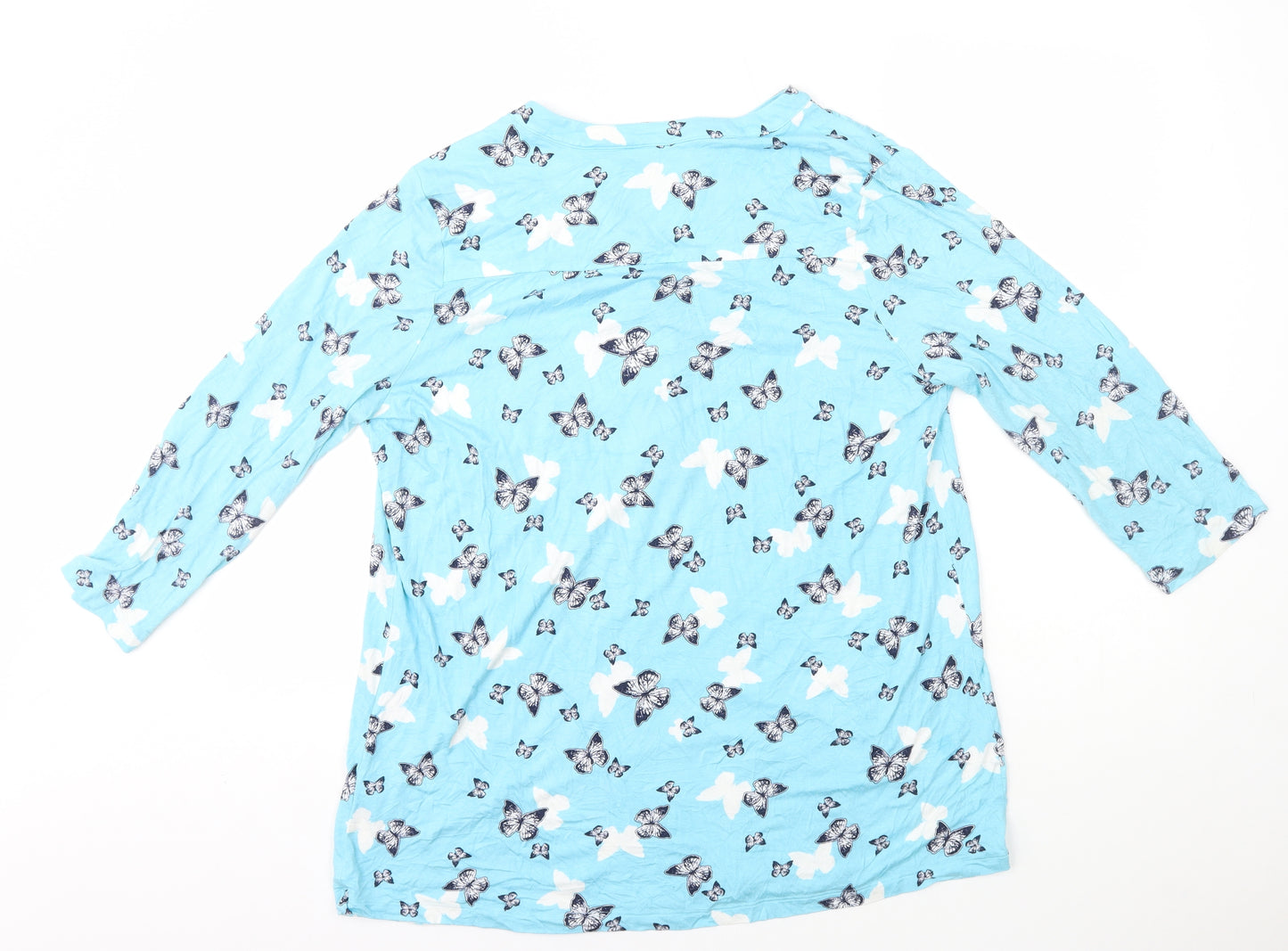 Bonmarché Womens Blue Geometric Viscose Basic T-Shirt Size 18 V-Neck - Butterflies