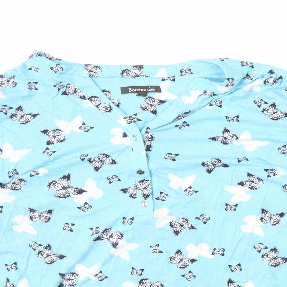 Bonmarché Womens Blue Geometric Viscose Basic T-Shirt Size 18 V-Neck - Butterflies