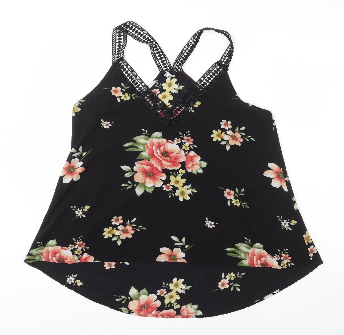 Rosegal Womens Black Floral Polyester Camisole Tank Size L V-Neck - Lace straps