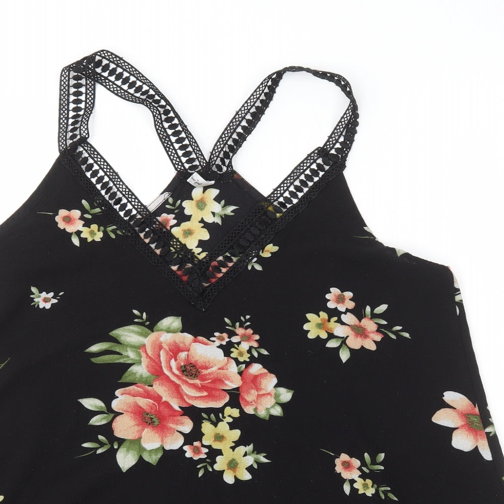 Rosegal Womens Black Floral Polyester Camisole Tank Size L V-Neck - Lace straps