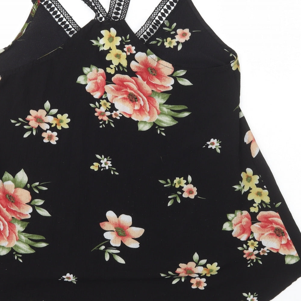 Rosegal Womens Black Floral Polyester Camisole Tank Size L V-Neck - Lace straps