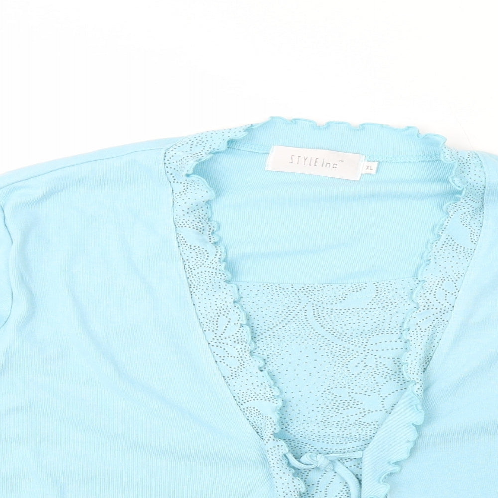 STYLEinc Womens Blue Geometric Polyester Basic Blouse Size XL V-Neck - Tie Front