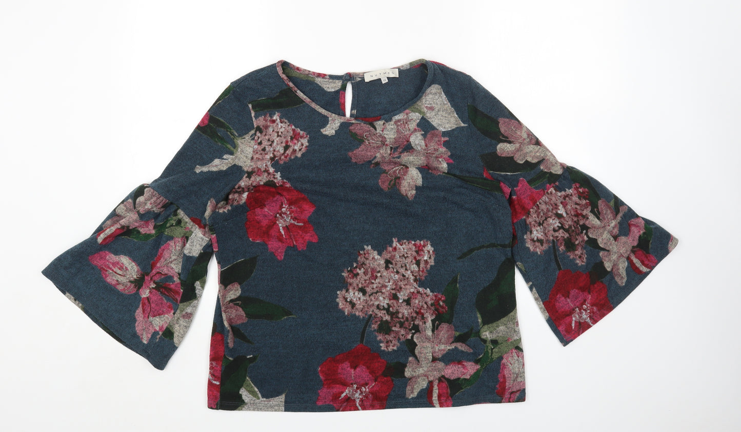 Nutmeg Womens Blue Floral Polyester Basic T-Shirt Size 14 Round Neck