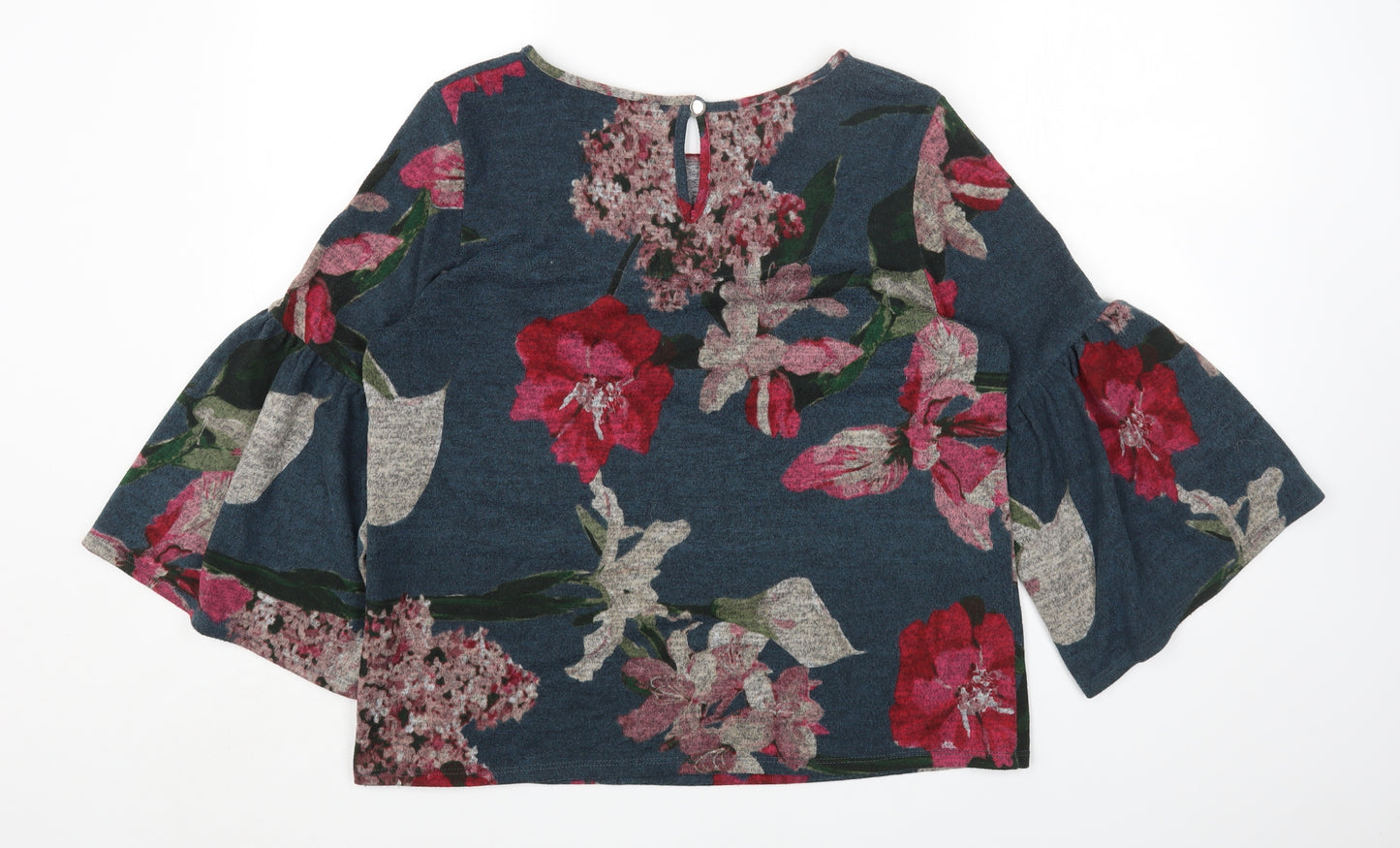 Nutmeg Womens Blue Floral Polyester Basic T-Shirt Size 14 Round Neck