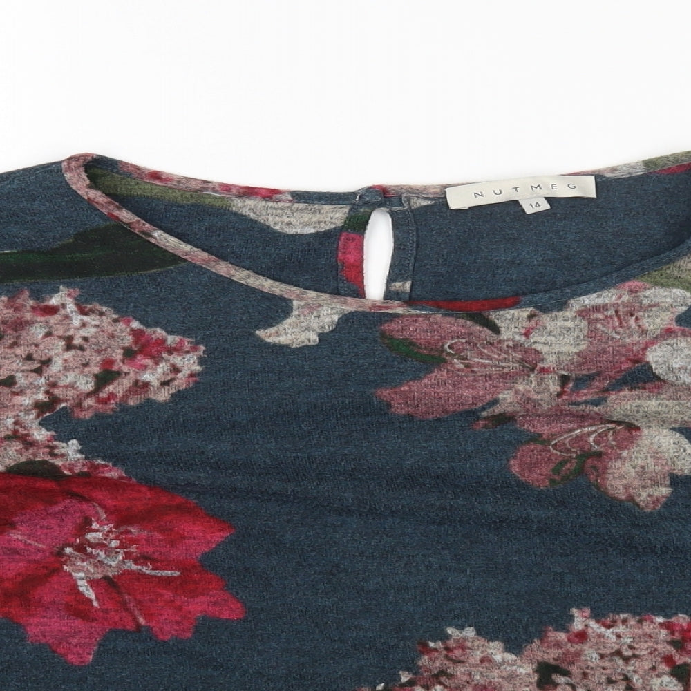 Nutmeg Womens Blue Floral Polyester Basic T-Shirt Size 14 Round Neck