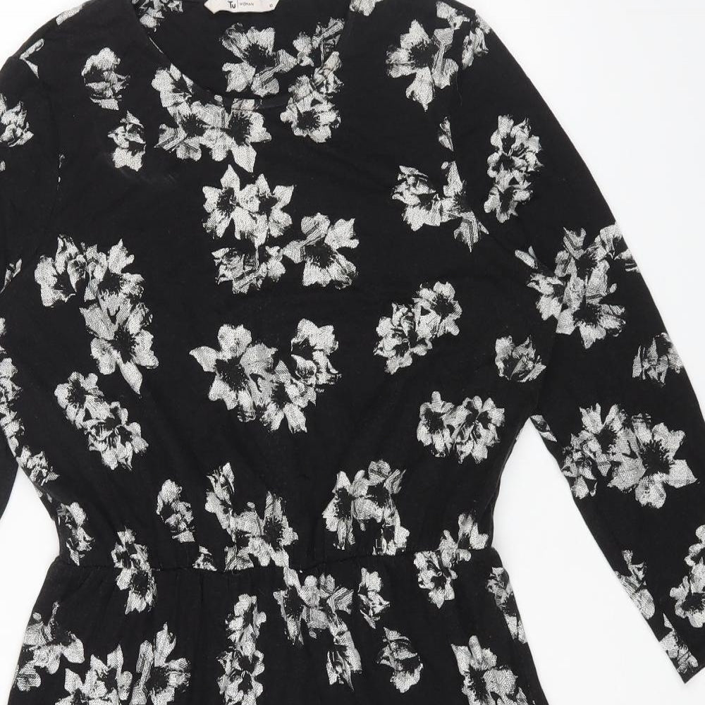 TU Womens Black Floral Viscose Fit & Flare Size 10 Round Neck Pullover