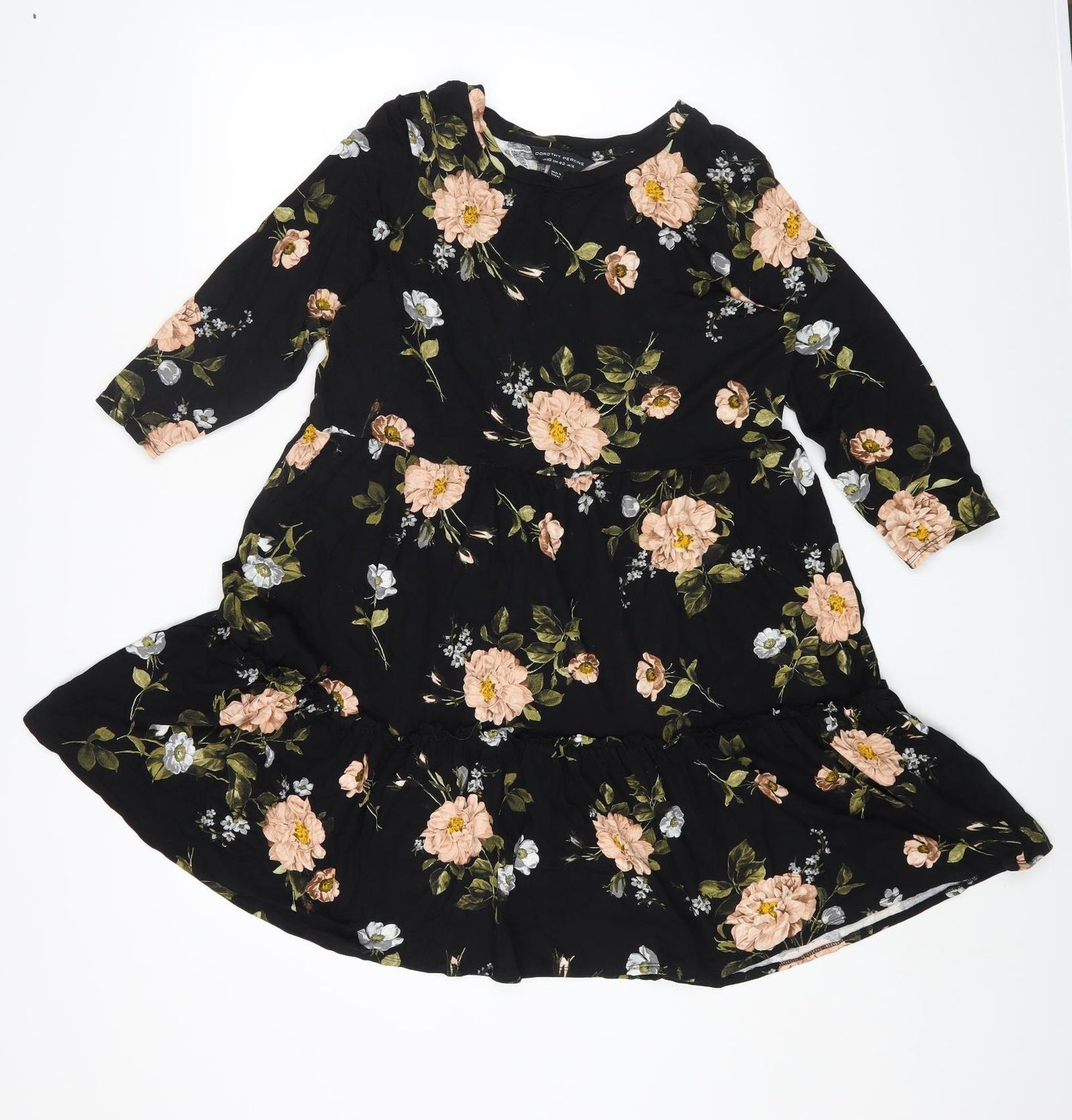 Dorothy Perkins Womens Black Floral Viscose A-Line Size 14 Round Neck Pullover