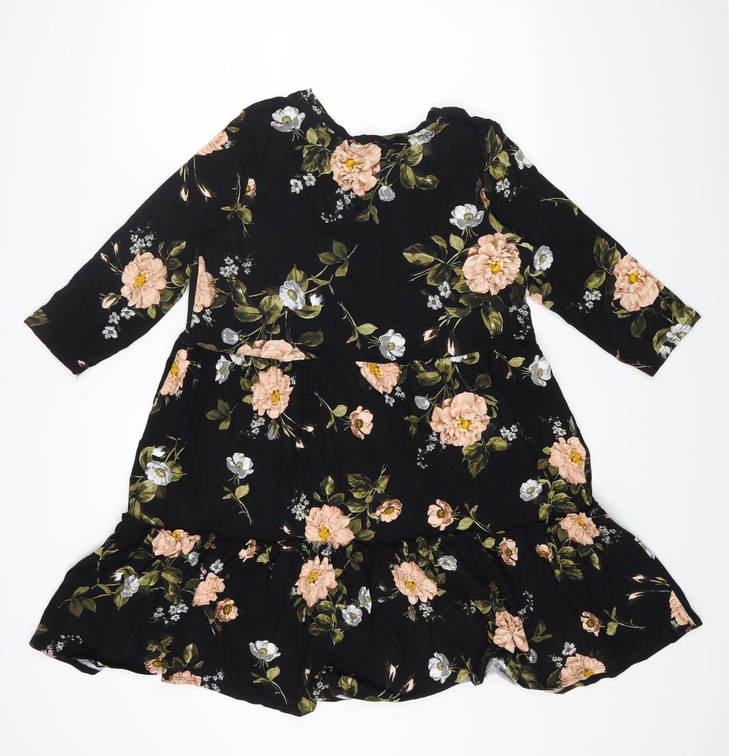 Dorothy Perkins Womens Black Floral Viscose A-Line Size 14 Round Neck Pullover