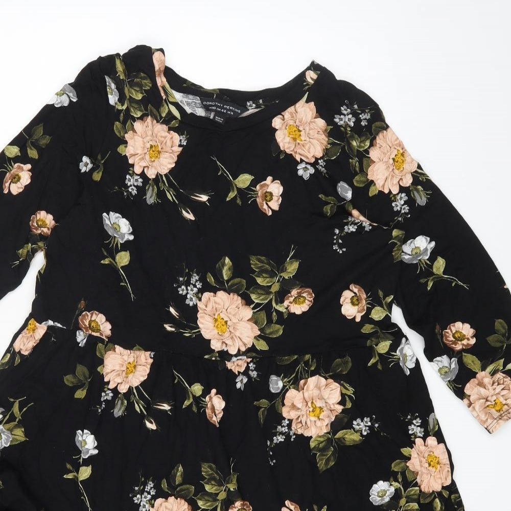 Dorothy Perkins Womens Black Floral Viscose A-Line Size 14 Round Neck Pullover