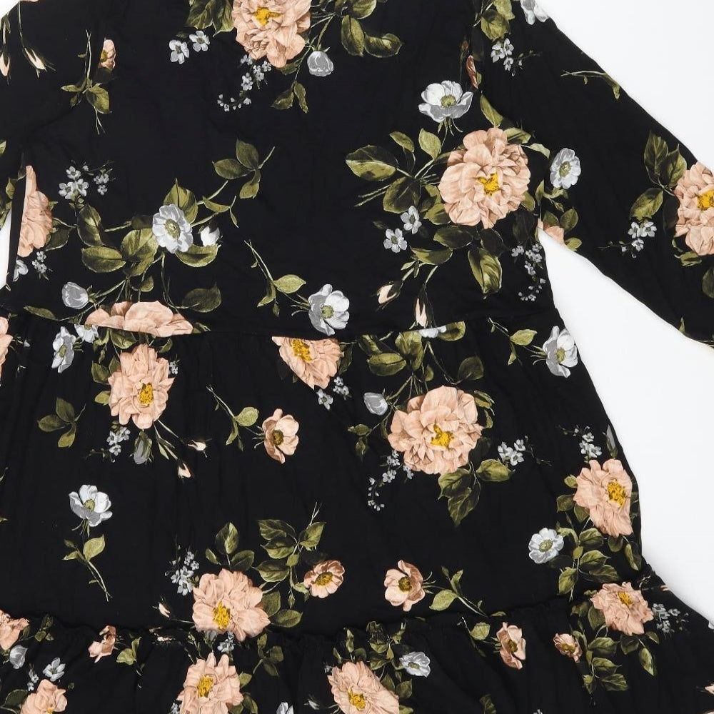 Dorothy Perkins Womens Black Floral Viscose A-Line Size 14 Round Neck Pullover