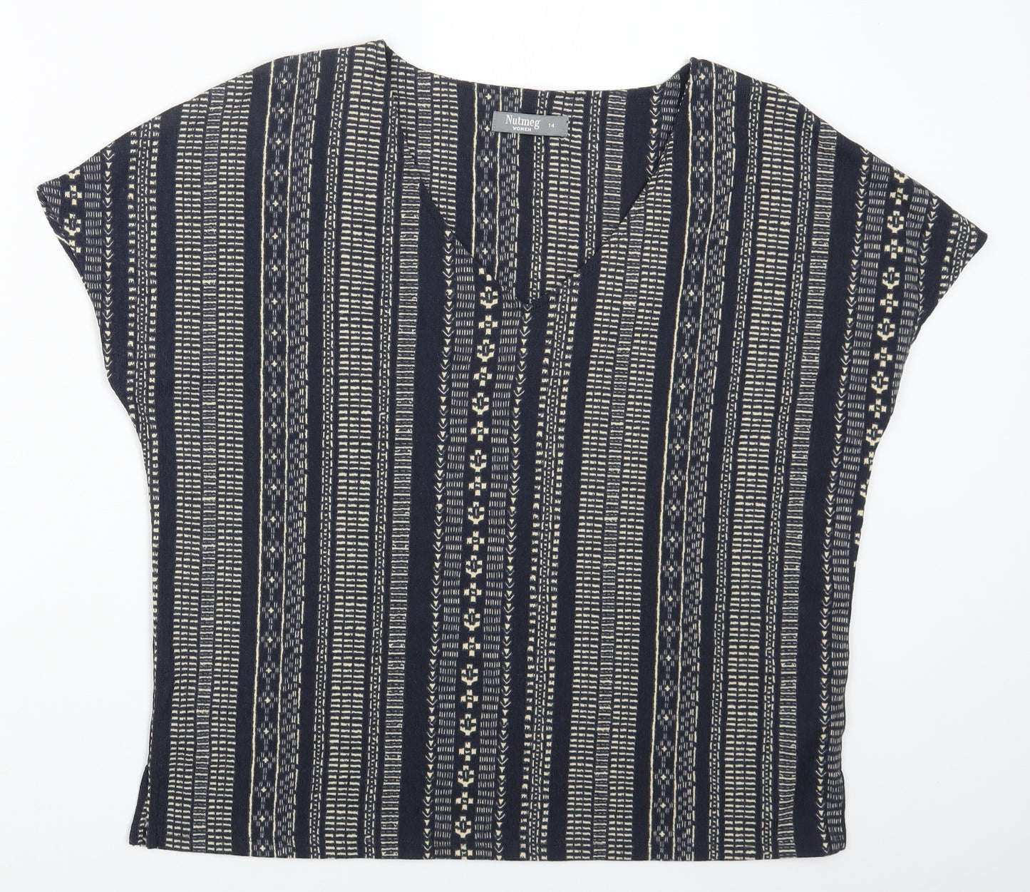 Nutmeg Womens Blue Geometric Polyester Basic T-Shirt Size 14 V-Neck