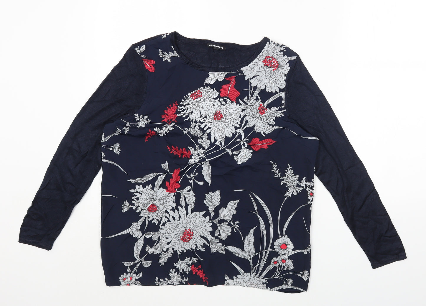 Warehouse Womens Blue Floral Acetate Basic T-Shirt Size M Round Neck