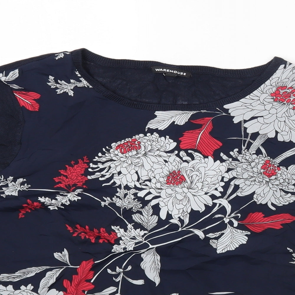 Warehouse Womens Blue Floral Acetate Basic T-Shirt Size M Round Neck