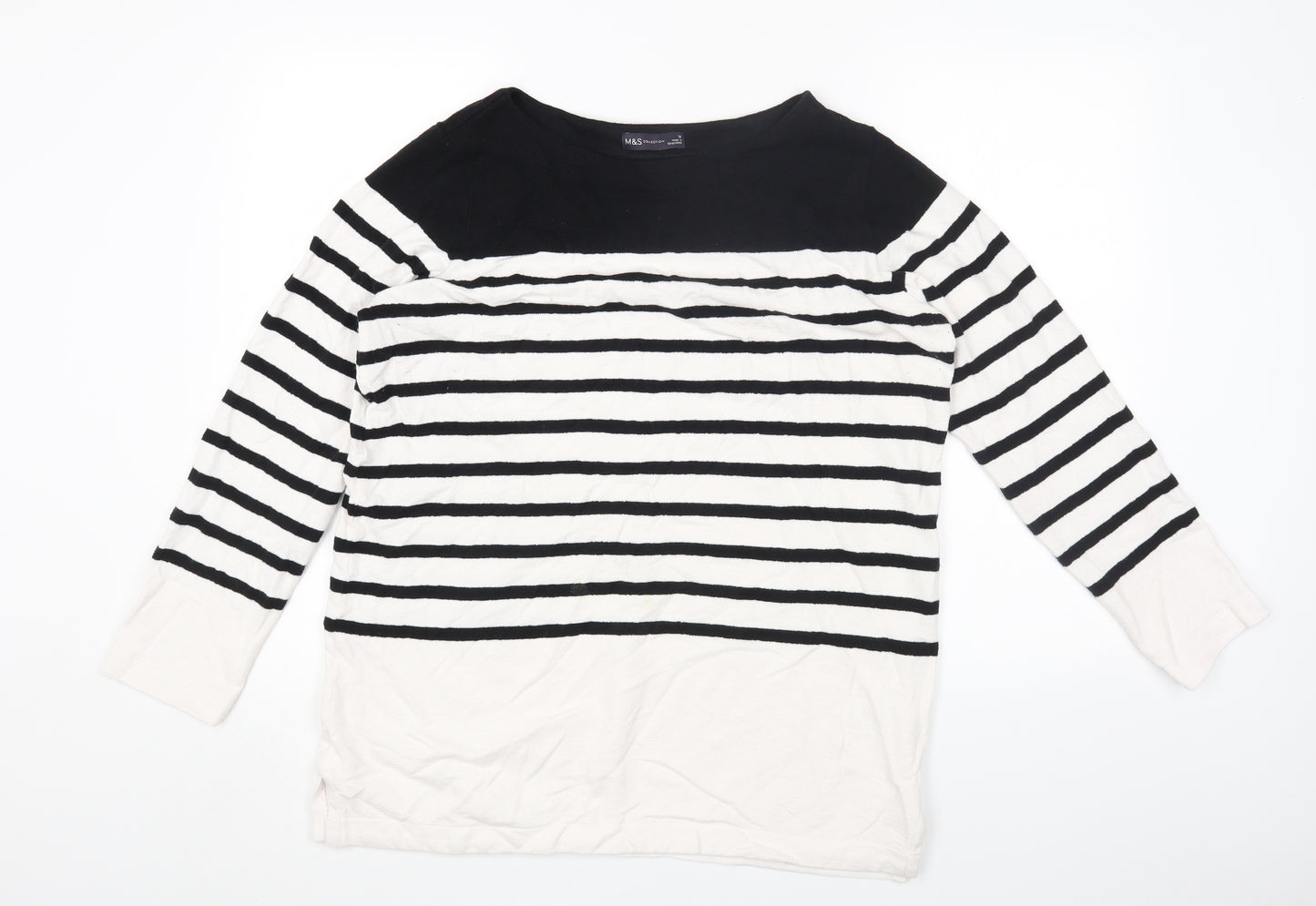 Marks and Spencer Womens Black Striped Cotton Basic T-Shirt Size 16 Round Neck