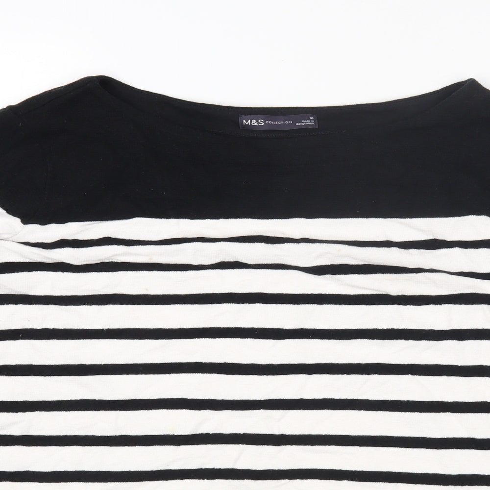 Marks and Spencer Womens Black Striped Cotton Basic T-Shirt Size 16 Round Neck