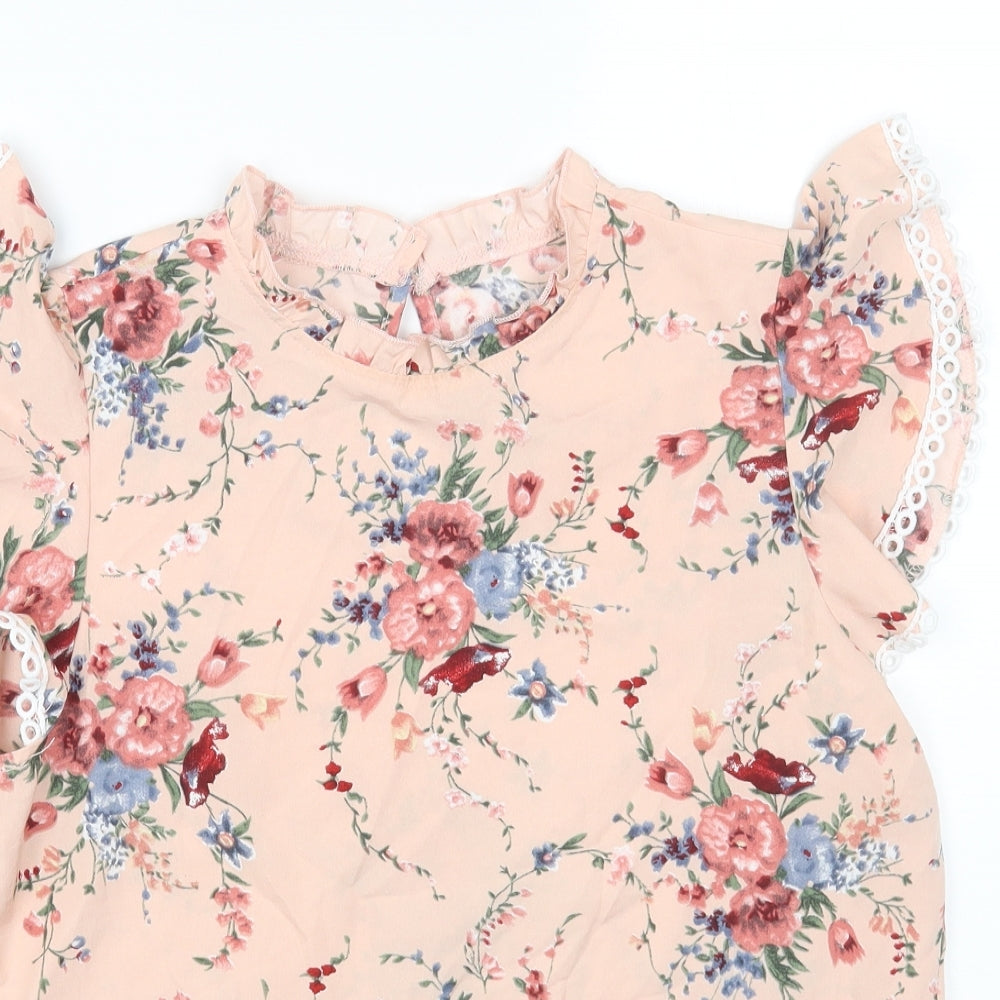 SheIn Womens Pink Floral Polyester Basic Blouse Size S Round Neck