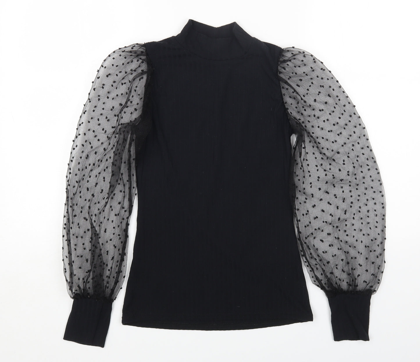 Quiz Womens Black Polyester Basic T-Shirt Size 8 High Neck - Mesh Sleeves