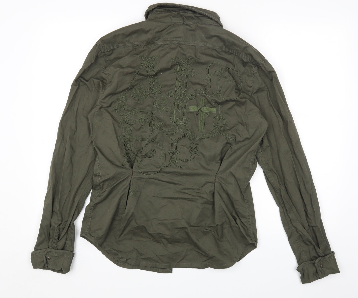 ALLOPOP Mens Green Cotton Button-Up Size L Collared Snap