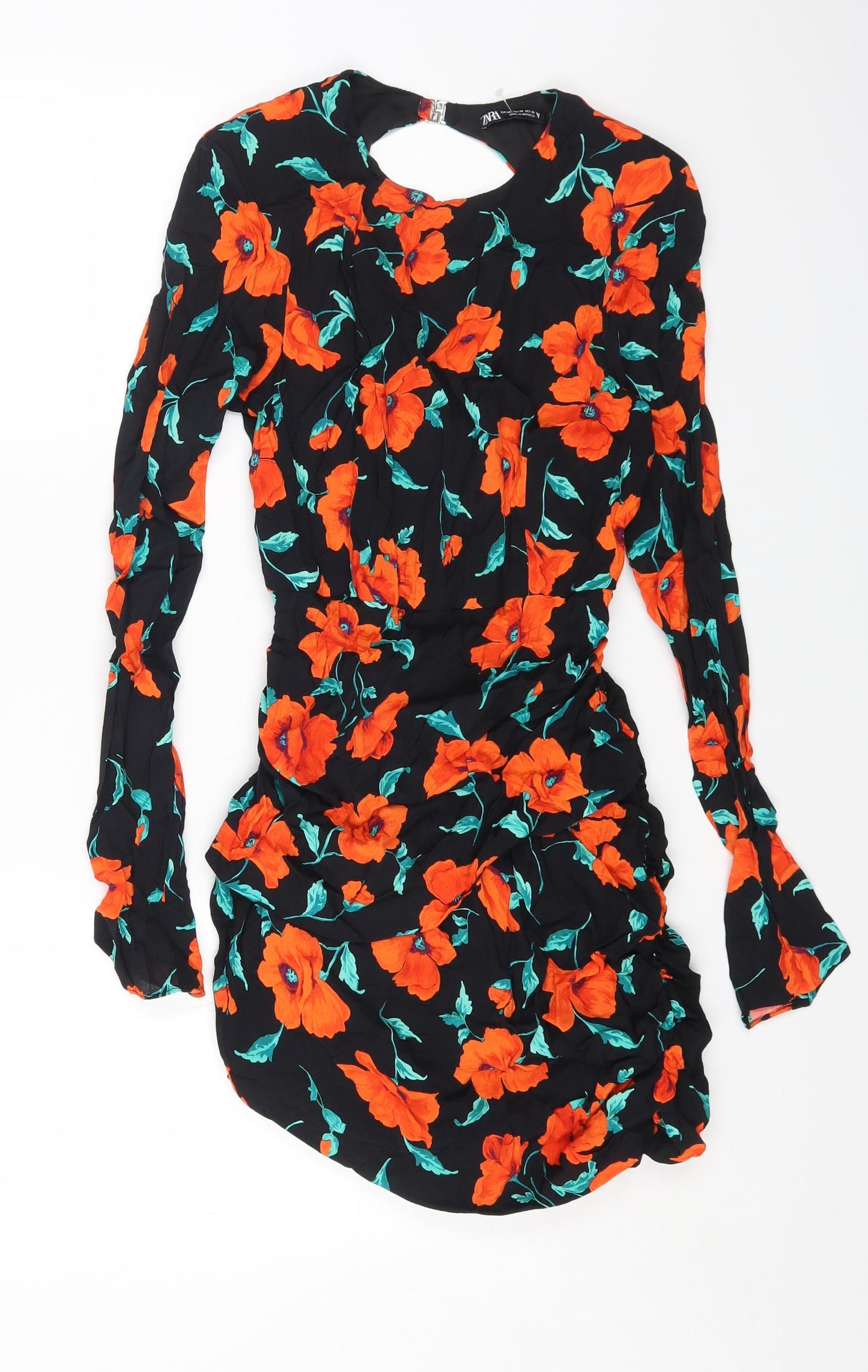 Zara Womens Black Floral Viscose Bodycon Size XS Round Neck Snap