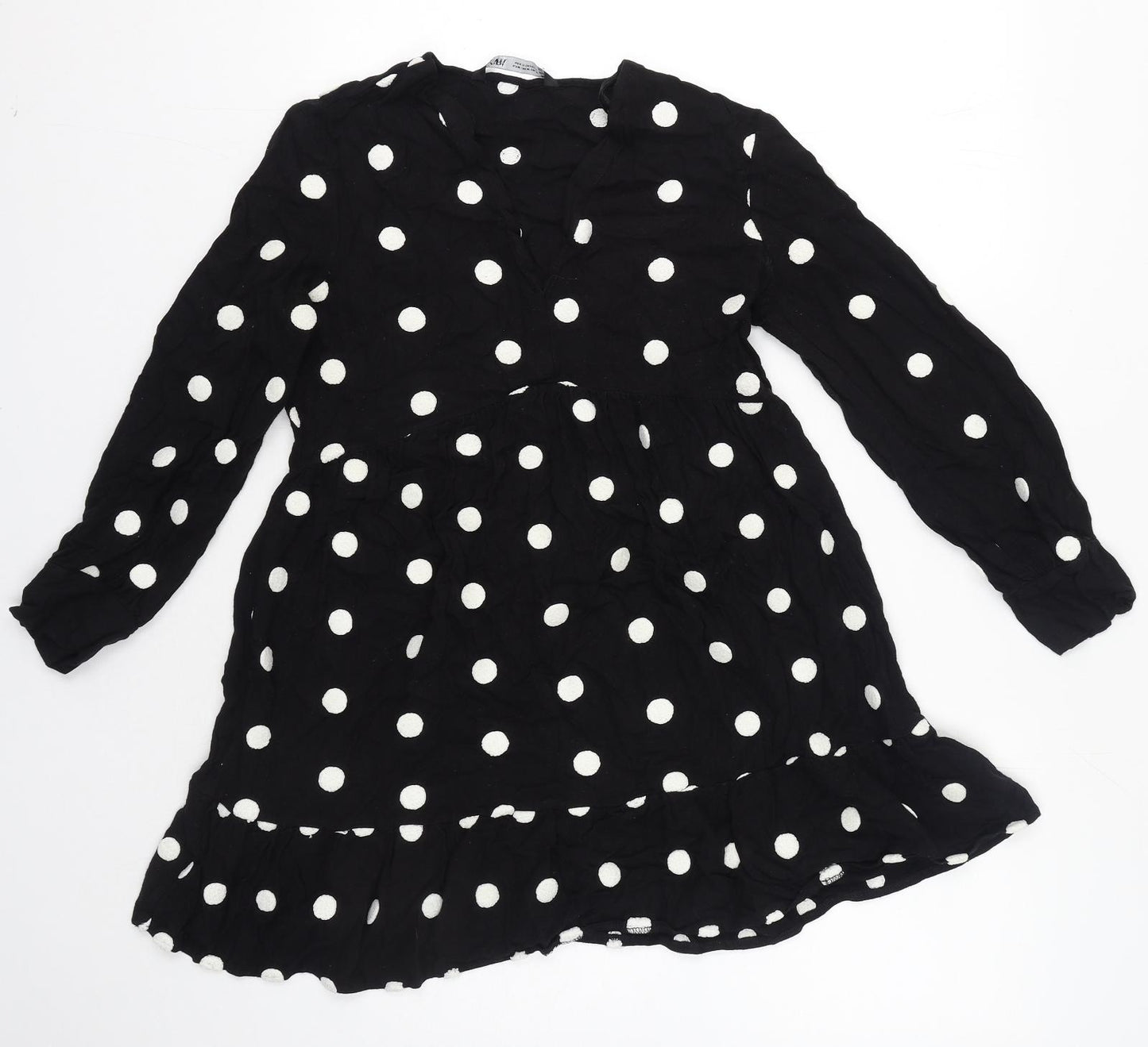 Zara Womens Black Polka Dot Polyester Skater Dress Size M V-Neck Pullover