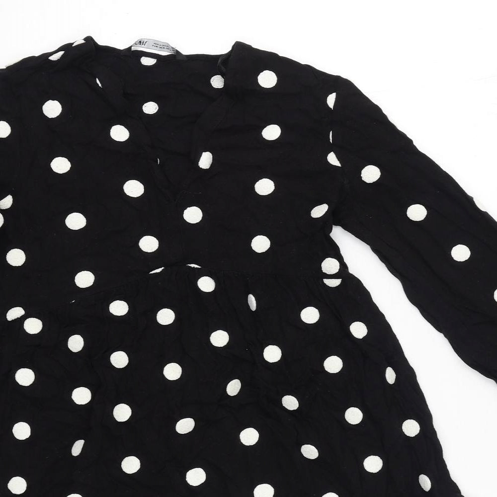 Zara Womens Black Polka Dot Polyester Skater Dress Size M V-Neck Pullover
