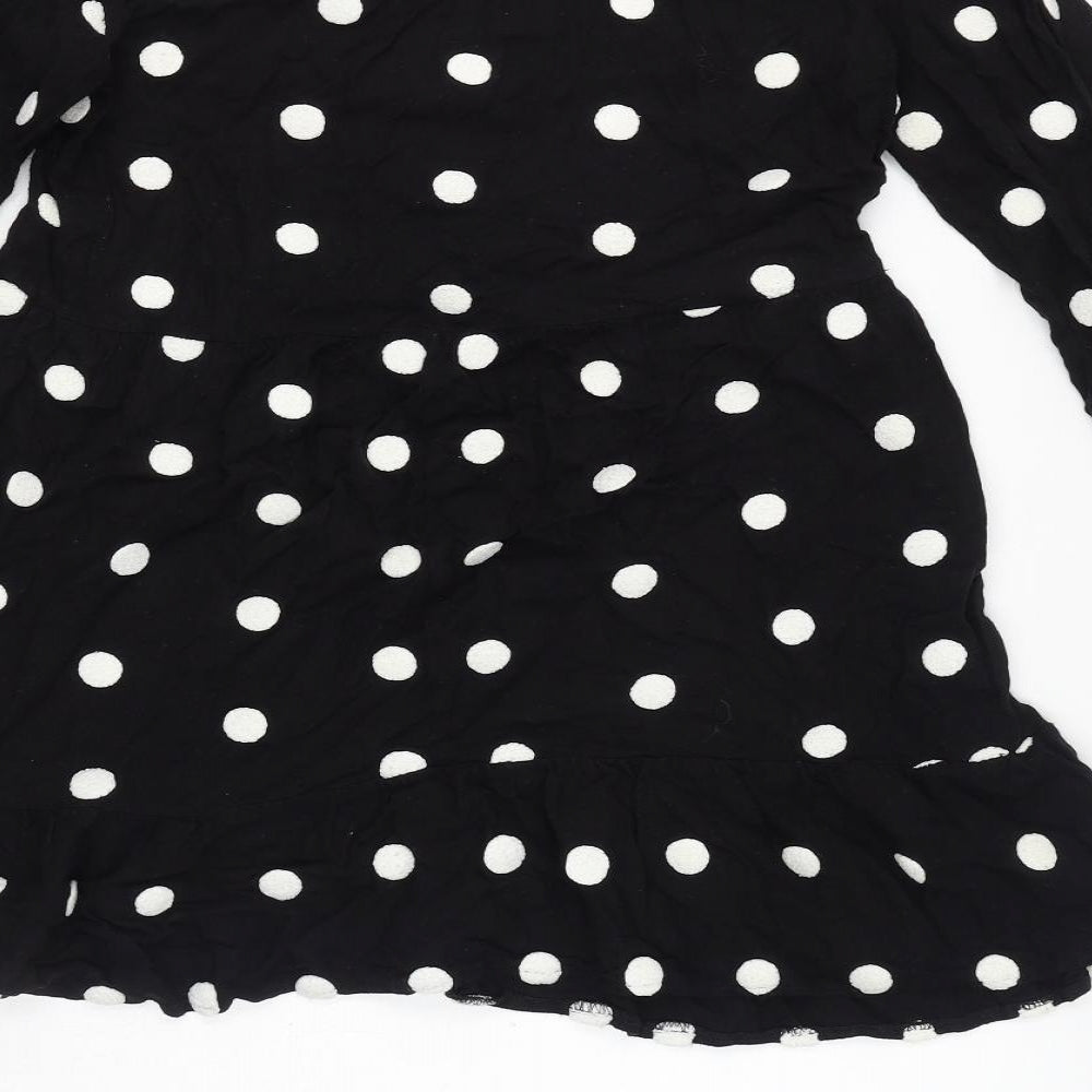 Zara Womens Black Polka Dot Polyester Skater Dress Size M V-Neck Pullover