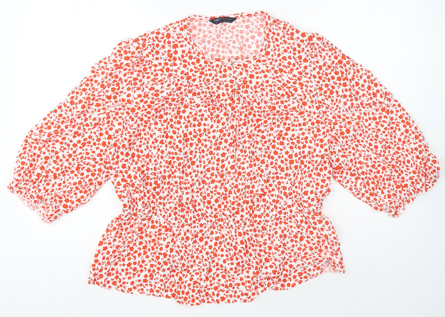 Marks and Spencer Womens Red Floral Viscose Basic Blouse Size 20 Crew Neck