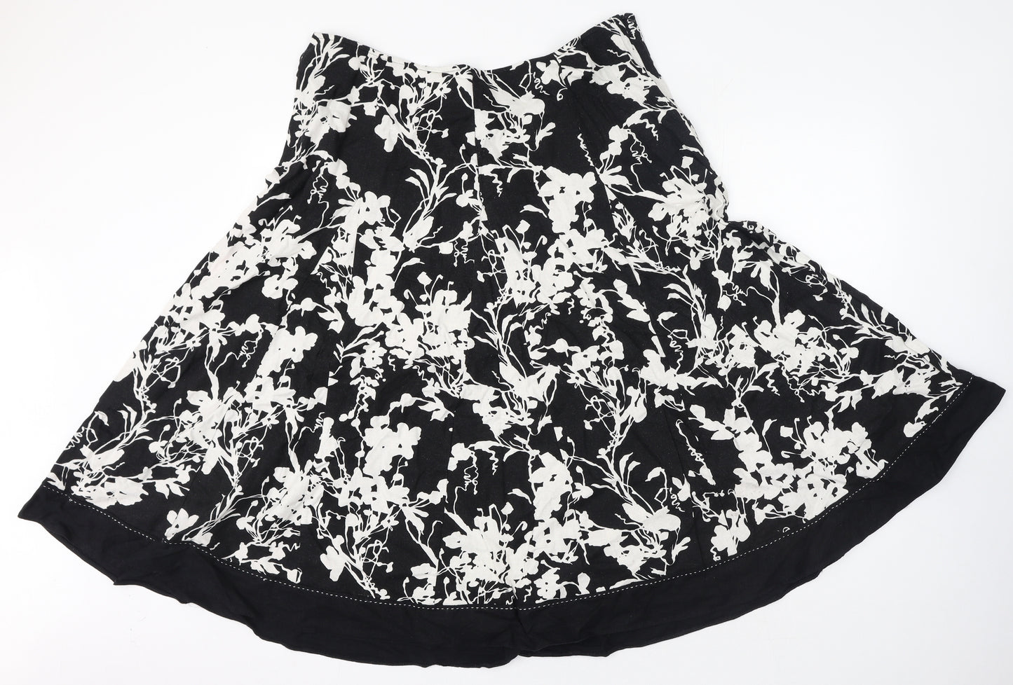 Marks and Spencer Womens Black Floral Linen Flare Skirt Size 18 Zip