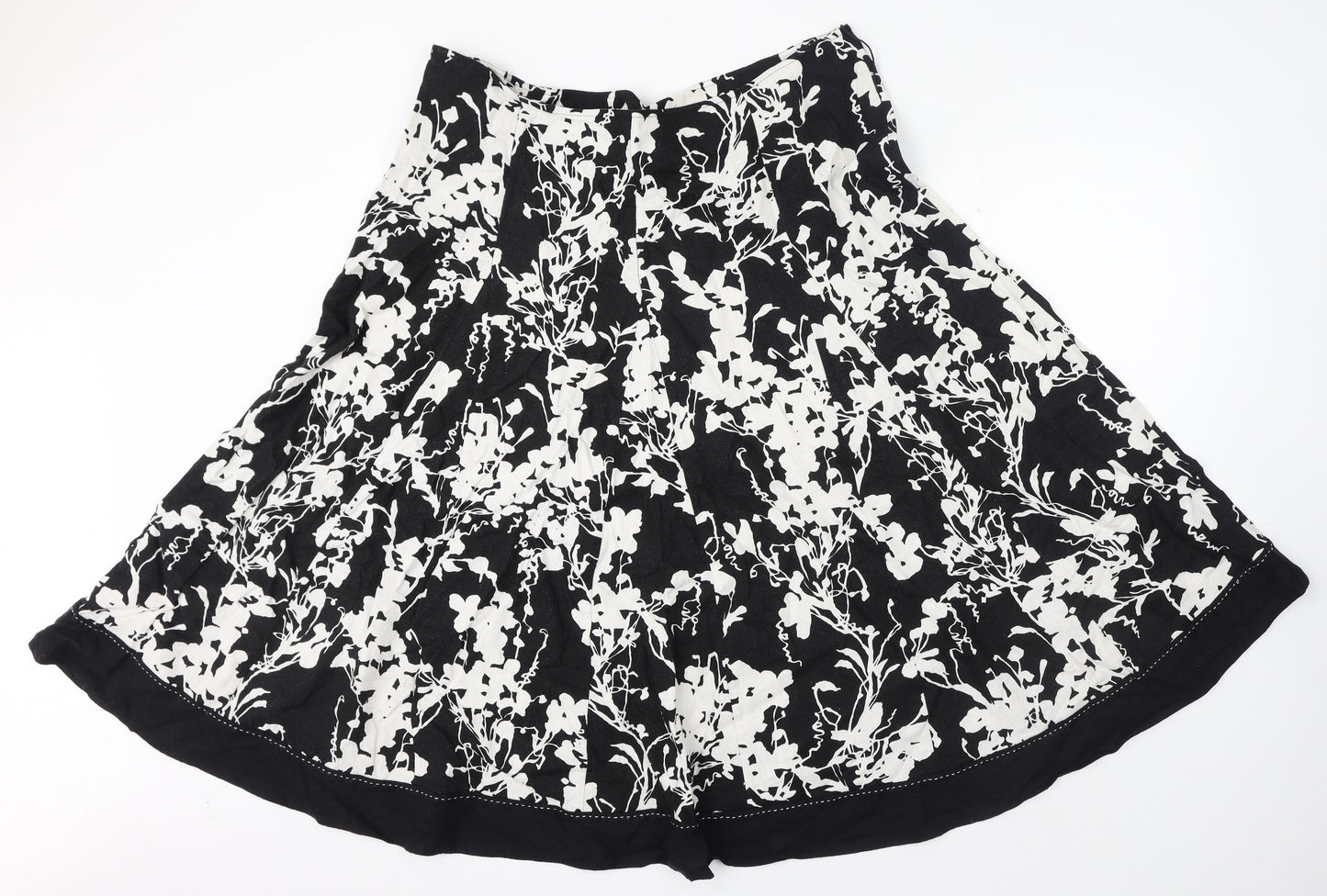 Marks and Spencer Womens Black Floral Linen Flare Skirt Size 18 Zip