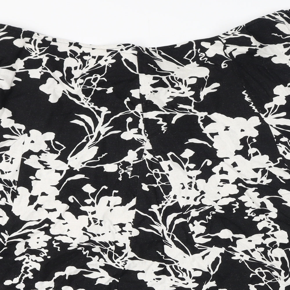 Marks and Spencer Womens Black Floral Linen Flare Skirt Size 18 Zip