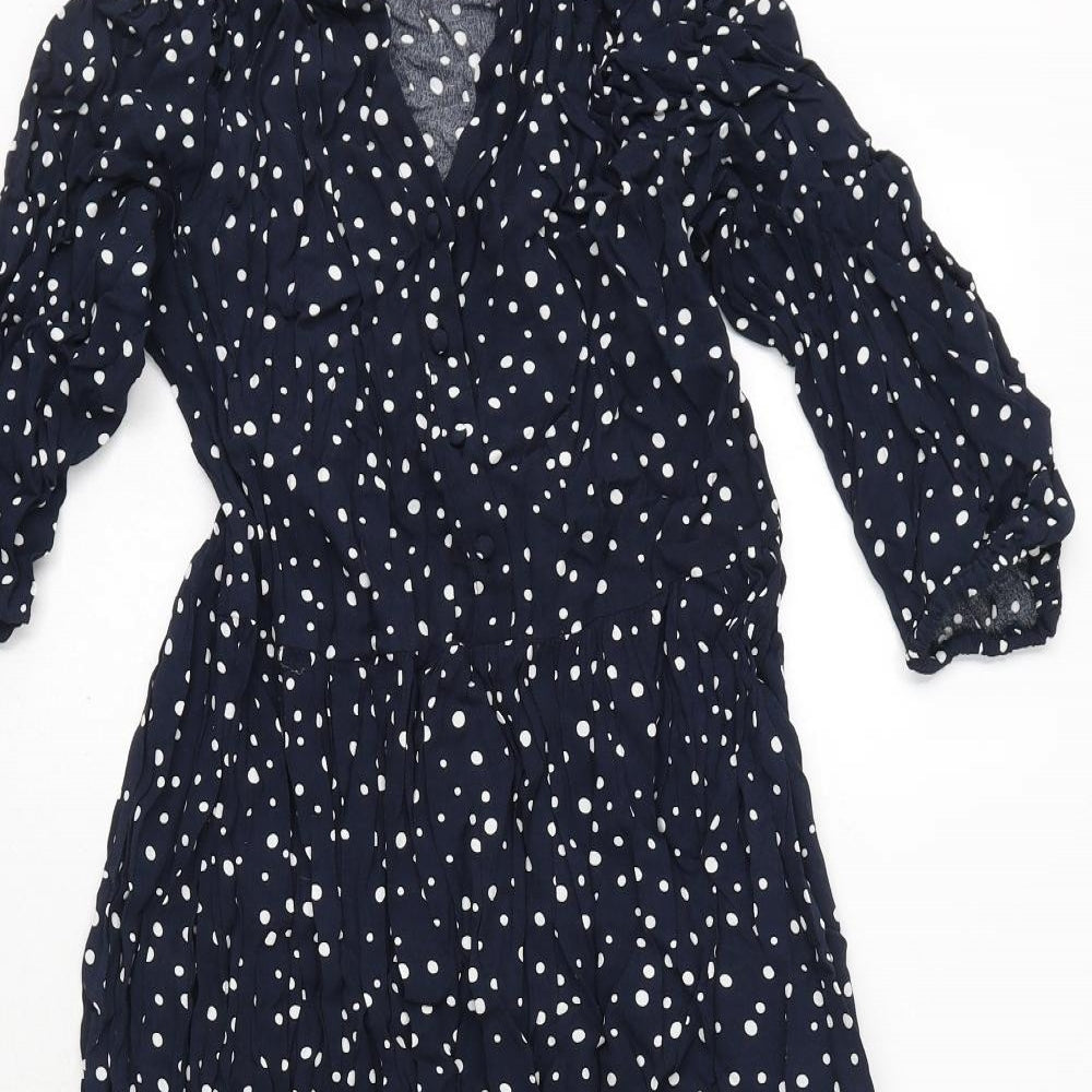 Crew Clothing Womens Blue Polka Dot Viscose A-Line Size 8 V-Neck Button - Navy