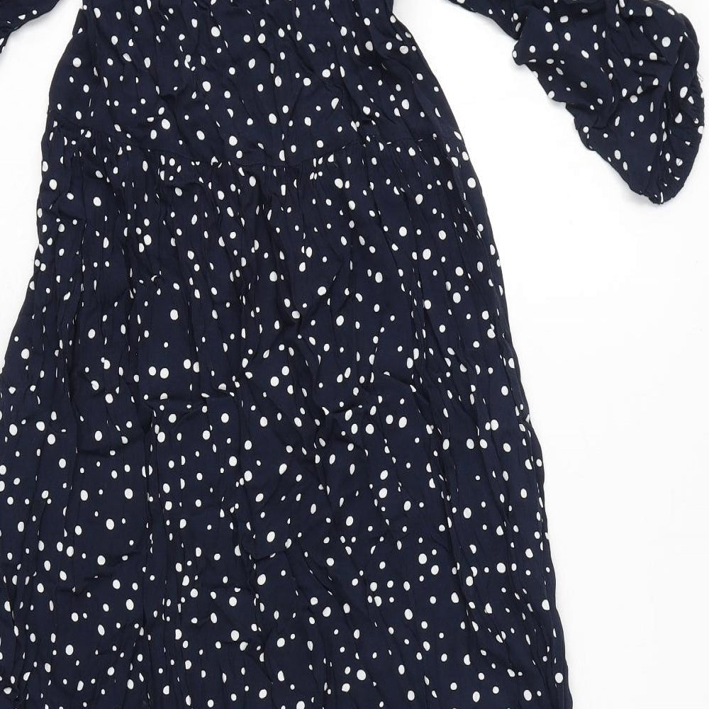 Crew Clothing Womens Blue Polka Dot Viscose A-Line Size 8 V-Neck Button - Navy