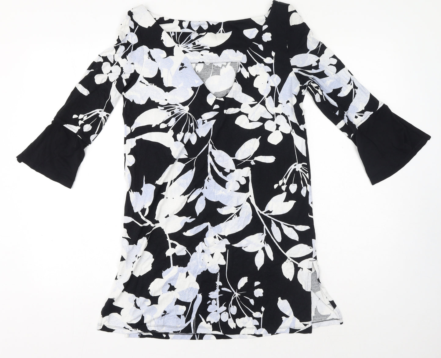 Marks and Spencer Womens Black Floral Viscose Basic T-Shirt Size 10 V-Neck - Flare sleeve
