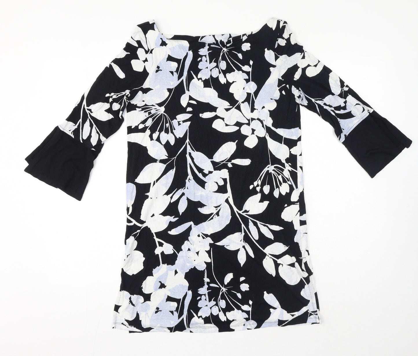 Marks and Spencer Womens Black Floral Viscose Basic T-Shirt Size 10 V-Neck - Flare sleeve